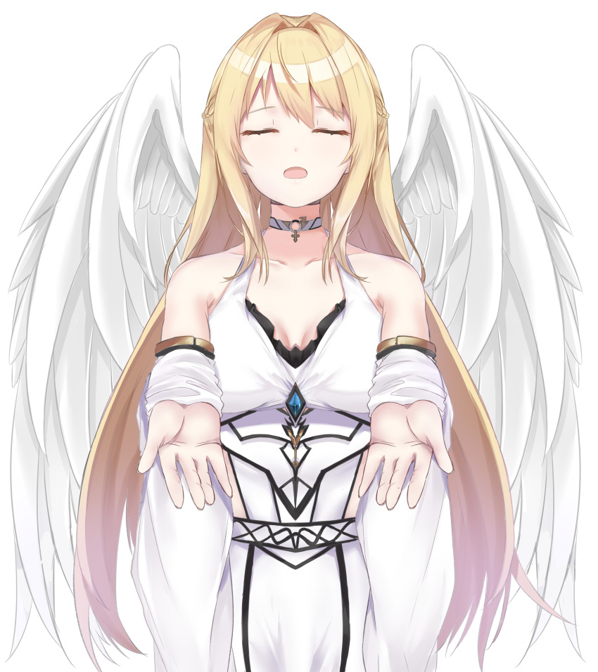 1girl absurdres angel angel_wings bare_shoulders blonde_hair choker closed_eyes collarbone commentary detached_sleeves dinosaurus_(azimangasaurus) dress english_commentary existence eyebrows_visible_through_hair facing_viewer feathered_wings game_cg gem highres male-female_symbol open_hands open_mouth outstretched_arms rhea_(existence) sideless_outfit sidelocks simple_background solo standing white_background white_dress white_sleeves white_wings wings