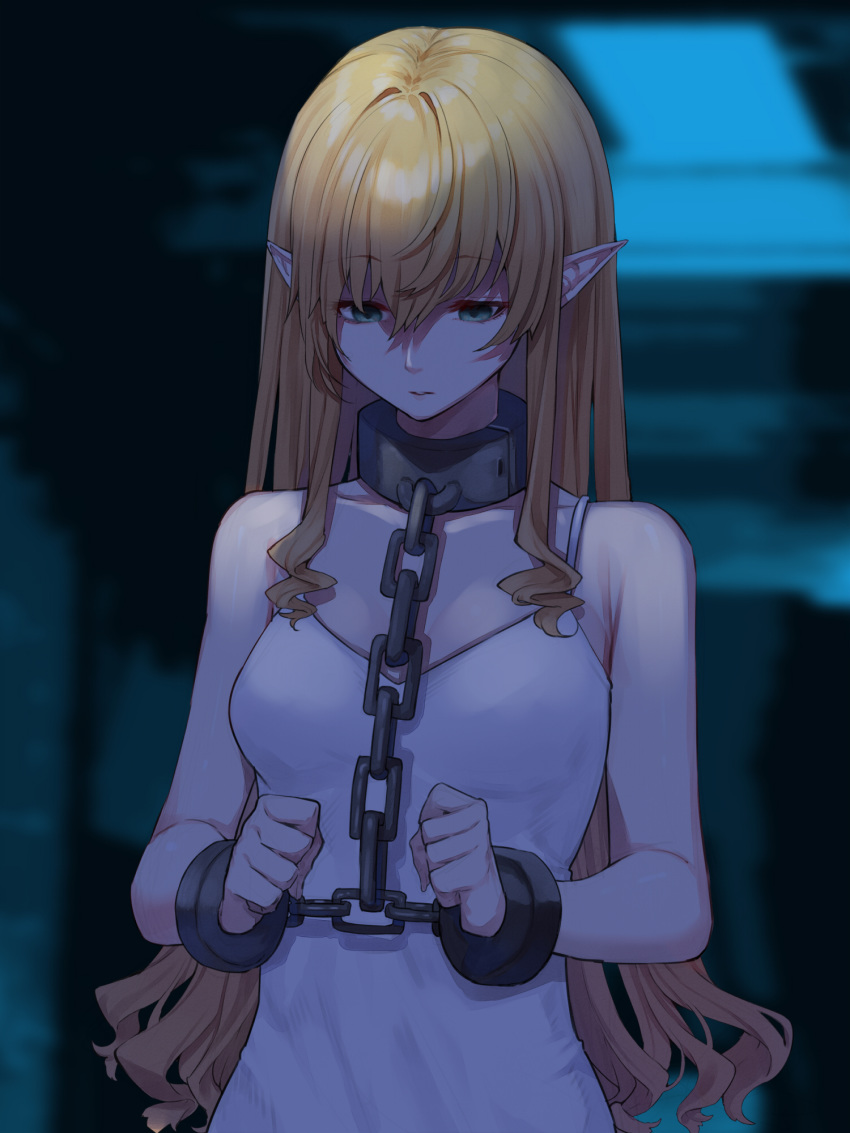 1girl bangs bare_arms bare_shoulders blonde_hair blue_eyes blurry blurry_background breasts chain chained clenched_hands closed_mouth collarbone commentary_request cowboy_shot cuffs depth_of_field dress expressionless eyebrows_visible_through_hair face_down green_eyes highres long_hair looking_down medium_breasts mikan_(chipstar182) night original pointy_ears restrained shackles solo very_long_hair white_dress