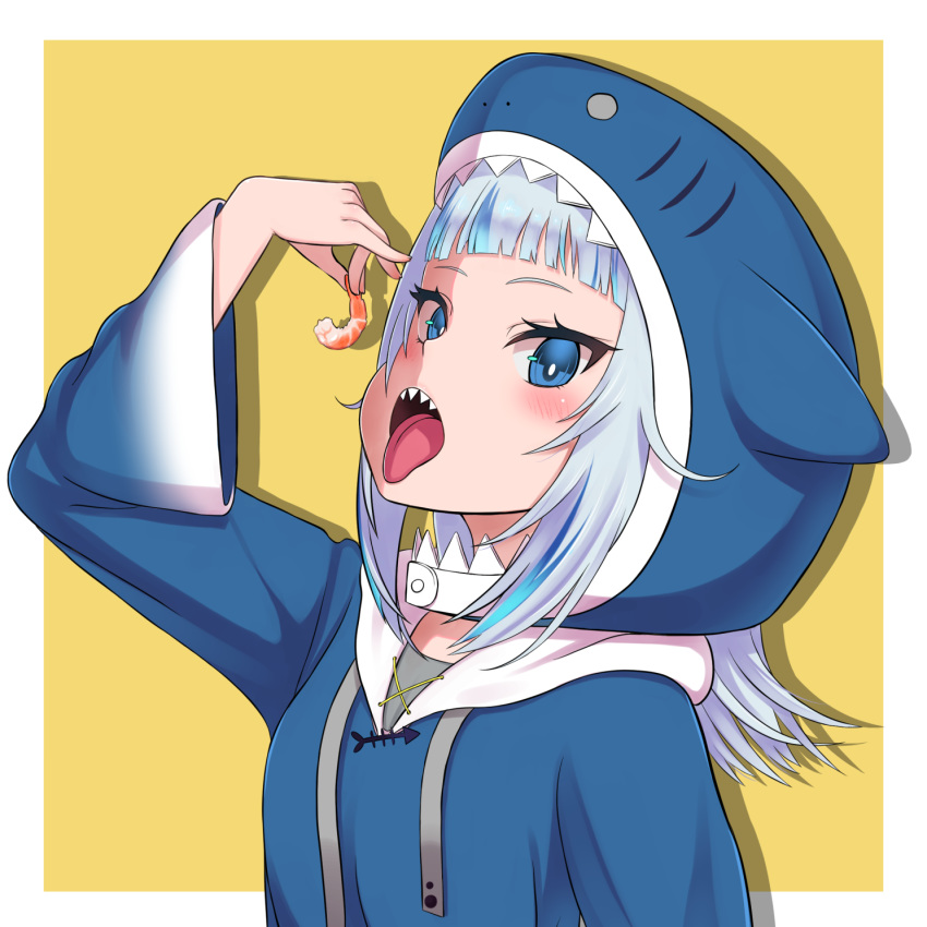 1girl blue_eyes blue_hair blush commentary_request drawzenta food gawr_gura highres holding holding_food hololive hololive_english looking_at_viewer mixed-language_commentary multicolored_hair open_mouth outside_border shark_hood sharp_teeth shrimp silhouette solo streaked_hair teeth tongue tongue_out upper_body virtual_youtuber yellow_background