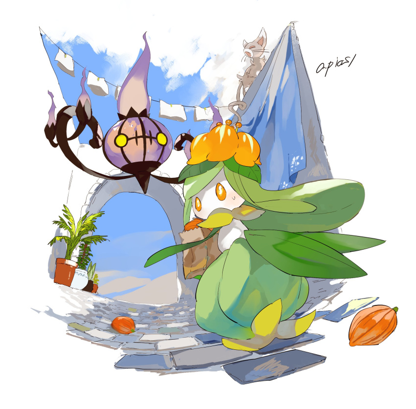 apios1 artist_name bag berry_(pokemon) cat chandelure clothes clothesline day from_below gen_4_pokemon gen_5_pokemon glameow highres lilligant looking_back no_humans orange_eyes outdoors paper_bag plant pokemon pokemon_(creature) potted_plant sweatdrop yellow_eyes