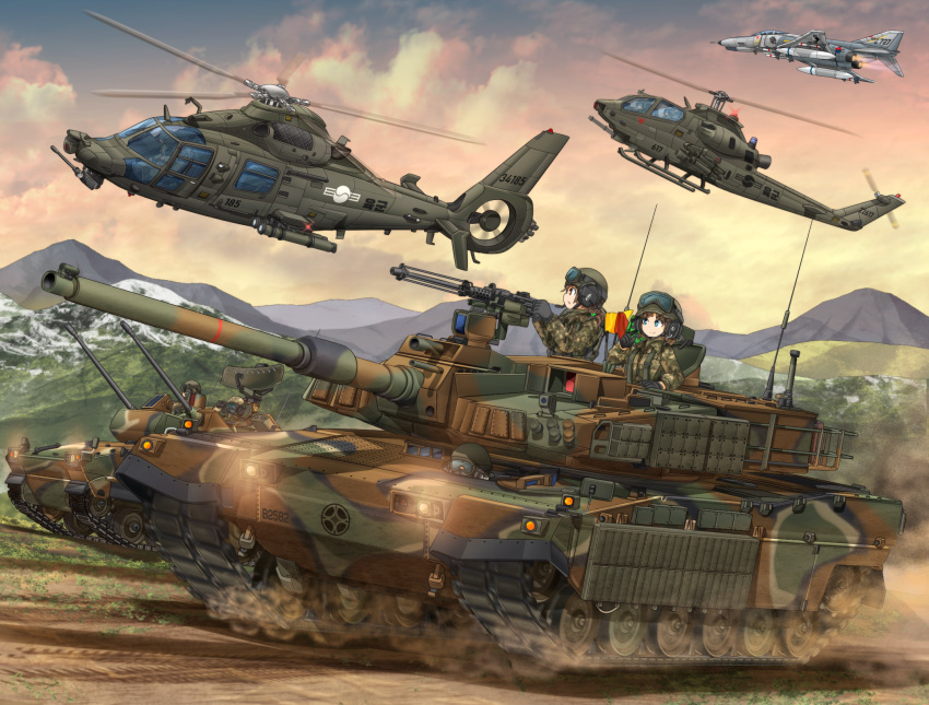 2girls aa_gun ah-1_cobra aircraft airplane blue_eyes brown_eyes brown_hair caterpillar_tracks clouds commentary_request day emblem evening f-4_phantom_ii fighter_jet graphite_(medium) grass ground ground_vehicle gun helicopter highres jet k2_black_panther k30_biho machine_gun mikeran_(mikelan) military military_vehicle motor_vehicle mountain multiple_girls original republic_of_korea_army short_hair tank tank_helmet traditional_media weapon