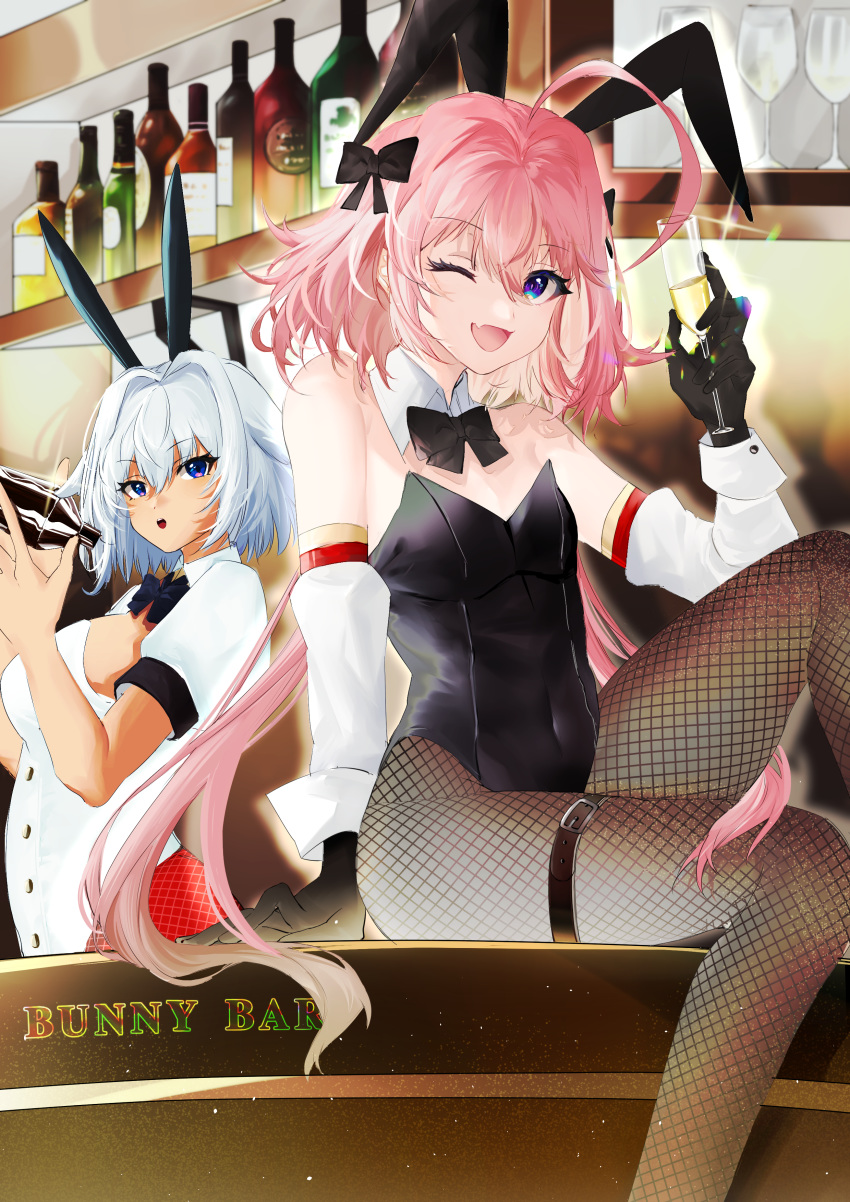 1boy 1girl absurdres ahoge animal_ears astolfo_(fate) astolfo_(saber)_(fate) bangs bar bare_shoulders black_bow black_gloves black_leotard black_neckwear black_ribbon blue_eyes blush bottle bow bowtie breasts brown_legwear buttons caenis_(fate) cocktail_shaker covered_navel cup dark_skin detached_sleeves drinking_glass fake_animal_ears fang fate/apocrypha fate/grand_order fate_(series) fishnet_legwear fishnets gloves hair_intakes highleg highleg_leotard highres large_breasts leotard long_hair looking_at_viewer low_twintails multicolored_hair one_eye_closed open_mouth otoko_no_ko phanta pink_hair rabbit_ears red_legwear ribbon sitting skin_fang smile sparkle streaked_hair thighs twintails white_hair white_leotard wine_bottle