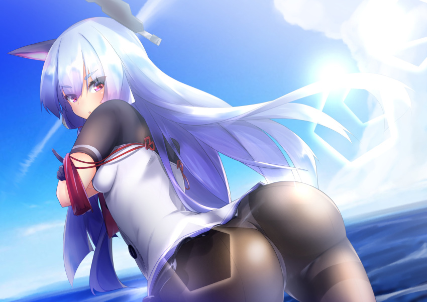 1girl absurdres alternate_eye_color ass breasts highres kantai_collection long_hair medium_breasts murakumo_(kantai_collection) pantyhose partially_submerged pink_eyes remodel_(kantai_collection) silver_hair solo very_long_hair yukibi_shirube