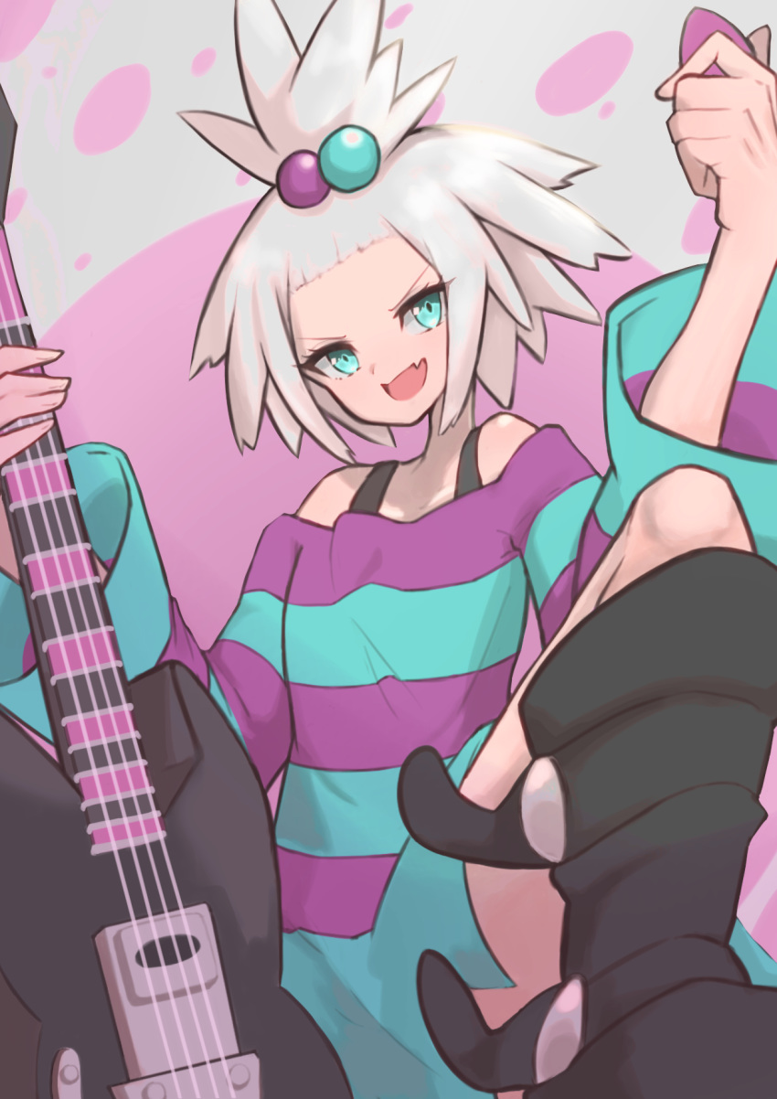 1girl bass_guitar blue_eyes boots bra_strap dress fang forehead highres instrument leg_lift looking_at_viewer nuneno plectrum pokemon pokemon_(game) pokemon_bw2 roxie_(pokemon) skin_fang solo strapless strapless_dress striped striped_dress topknot white_hair