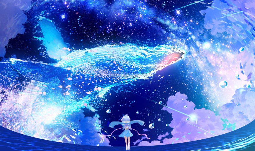 1girl animal bubble clouds cloudy_sky fish floating flying_fish flying_whale grey_hair highres long_sleeves makoron117117 night night_sky original ribbon scenery short_hair skirt sky space star_(sky) starry_sky water whale