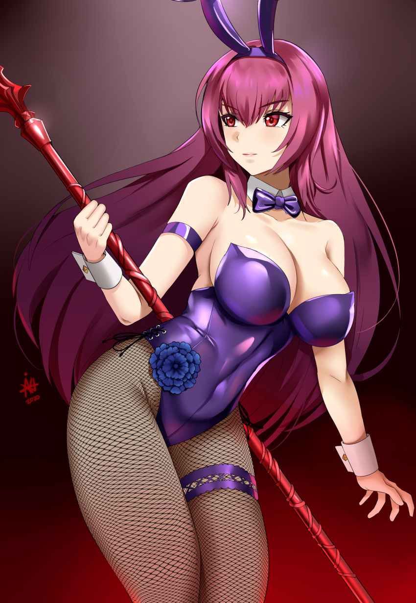 absurdres animal_ears bunny_girl bunnysuit detached_collar fake_animal_ears fate/grand_order fate_(series) fishnet_legwear fishnets flower gae_bolg highleg highleg_leotard highres holding holding_spear holding_weapon leg_garter leotard long_hair looking_to_the_side piercing_bunny polearm purple_flower purple_hair purple_leotard purple_rose rabbit_ears red_eyes rose scathach_(fate)_(all) scathach_(fate/grand_order) spear strapless strapless_leotard weapon wrist_cuffs xkit
