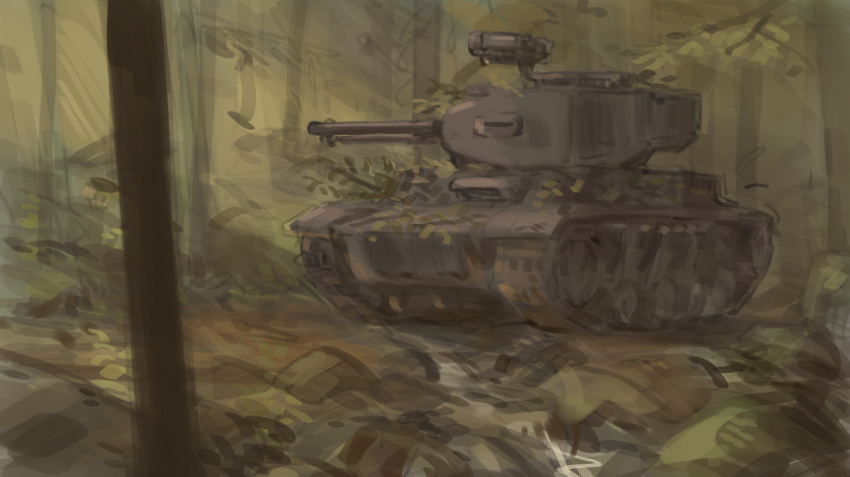 forest ground_vehicle highres looking_to_the_side military military_vehicle motor_vehicle nature no_humans original solo tank tree turret vehicle_focus xerbatt
