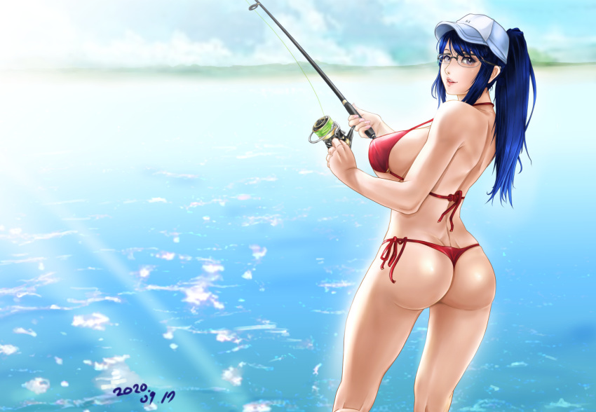 1girl ass bikini blue_eyes blue_hair blush breasts dated fishing glasses hat houkago_teibou_nisshi large_breasts looking_at_viewer looking_back ocean oono_makoto open_mouth outdoors ponytail red_bikini shiny shiny_hair shiny_skin side-tie_bikini sideboob sky smile solo standing swimsuit swimwear thong_bikini_bottom