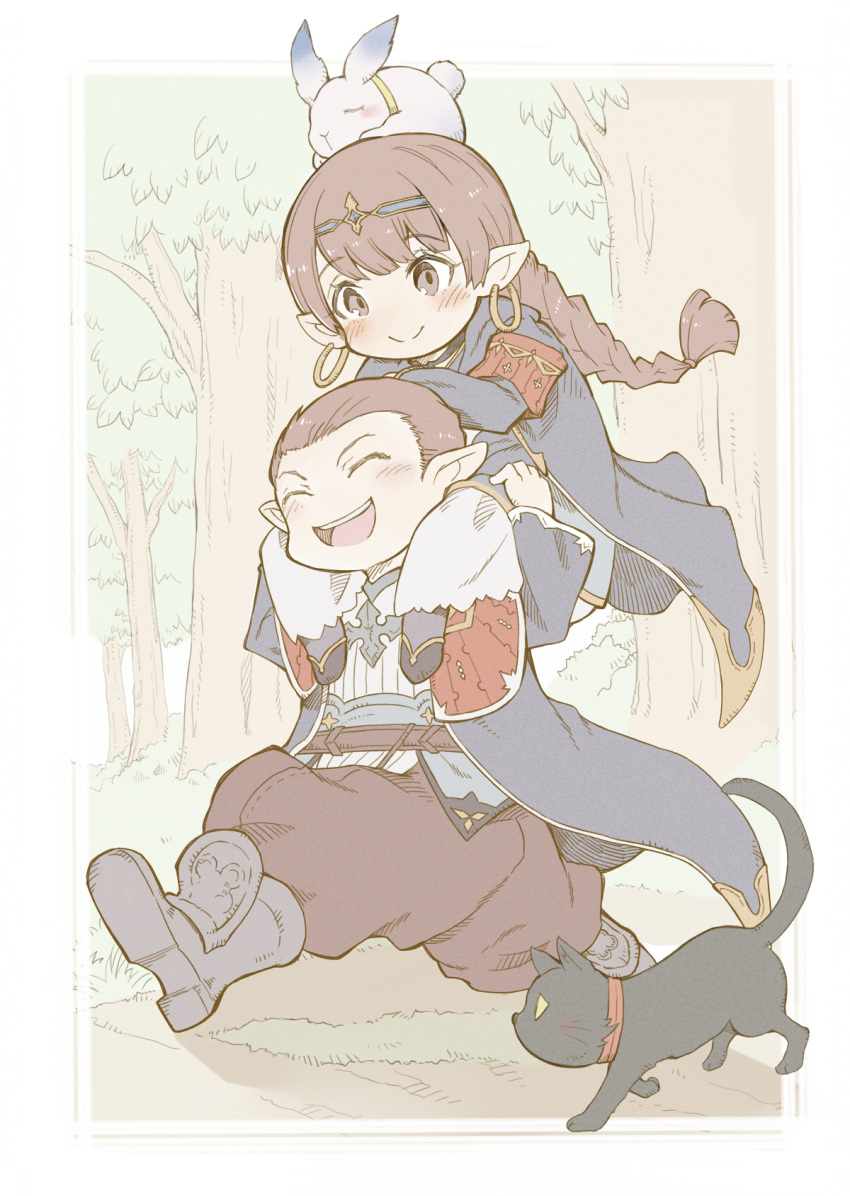 1boy 1girl animal_on_head black_cat braid brother_and_sister brown_eyes brown_hair carrying cat earrings granblue_fantasy haaselia hair_slicked_back harvin highres hoop_earrings jewelry katzelia on_head pointy_ears rabbit robe shoulder_carry siblings smile taka00277657