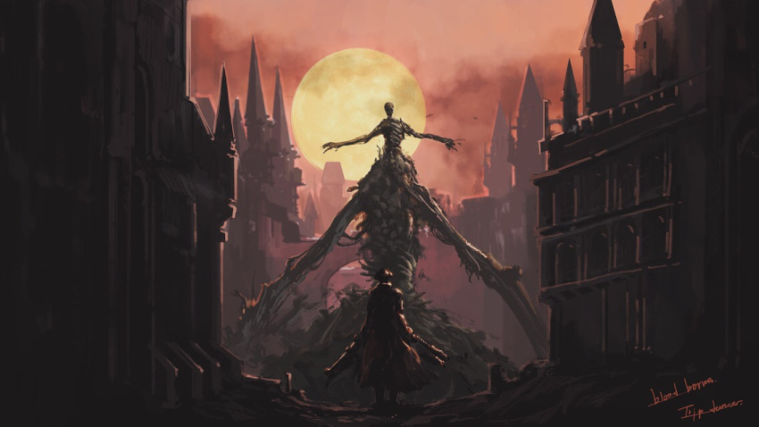 1other ambiguous_gender axe bloodborne bridge cityscape commentary_request copyright_name corpse creature from_behind gun hat holding holding_axe holding_gun holding_weapon hunter_(bloodborne) monster moon red_sky scenery signature sky the_one_reborn tripdancer weapon