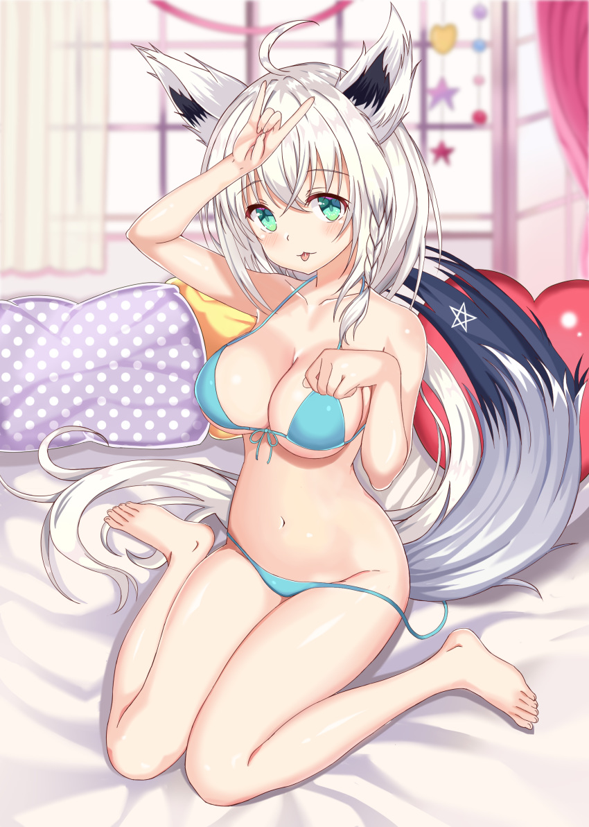 1girl absurdres ahoge animal_ear_fluff animal_ears arm_up bangs bed bikini blue_bikini blurry blurry_background blush braid breasts collarbone commentary_request eyebrows_visible_through_hair fox_ears fox_girl fox_shadow_puppet fox_tail green_eyes hair_between_eyes highres hololive indoors kirisameaoto long_hair looking_at_viewer medium_breasts navel paw_pose pentagram pillow shirakami_fubuki sidelocks single_braid sitting solo swimsuit tail tongue tongue_out virtual_youtuber wariza white_hair window