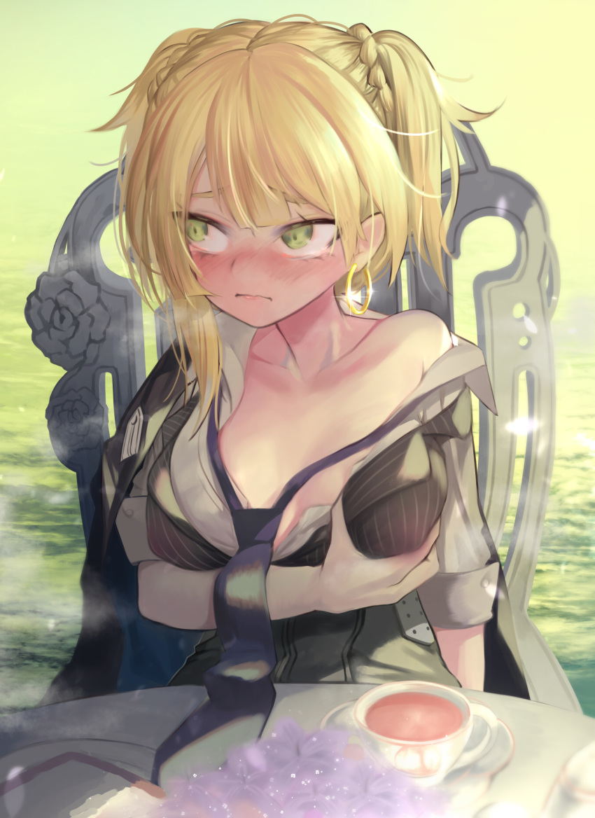 1girl blonde_hair blush breasts breasts_apart collarbone cup girls_frontline green_eyes highres looking_away loose_necktie medium_breasts necktie nose_blush off_shoulder saucer self_fondle sleeves_rolled_up solo striped striped_vest table tea teacup torieto twintails vest welrod_mk2_(girls_frontline)