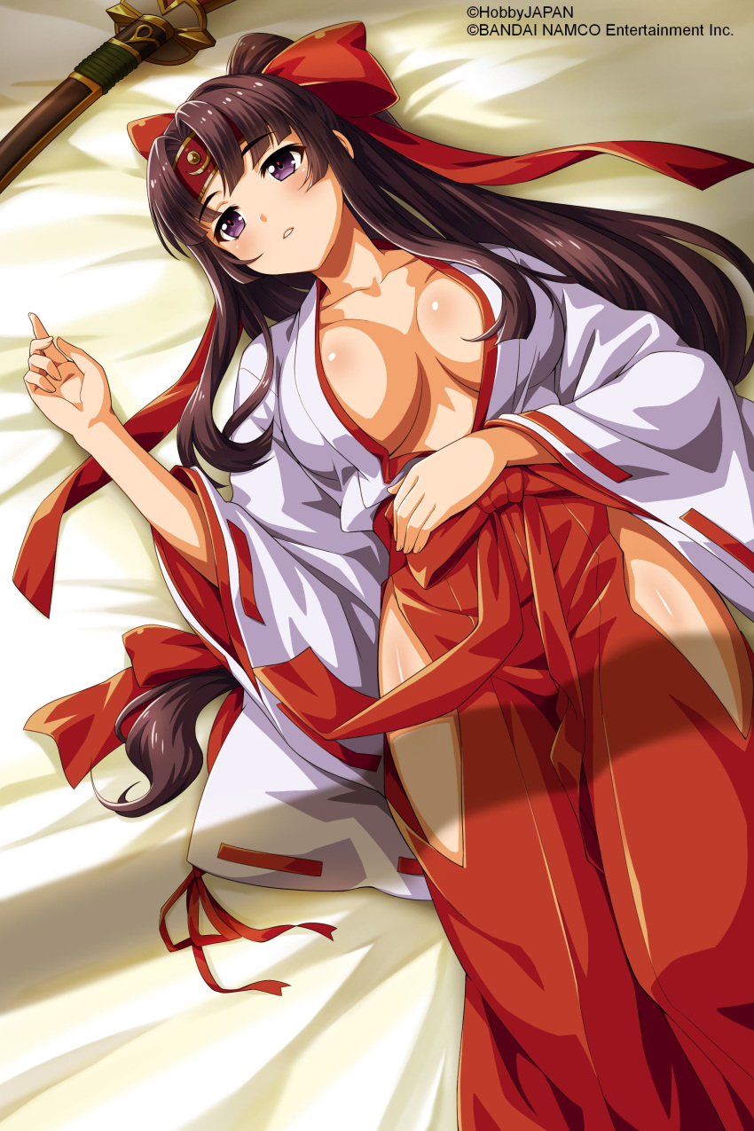 1girl absurdres artist_request bangs black_hair blush bow breasts breasts_outside collarbone company_connection hair_bow hair_ribbon hakama headband highres hip_vent japanese_clothes large_breasts long_hair long_sleeves low-tied_long_hair miko no_bra official_art open_clothes parted_bangs parted_lips ponytail queen's_blade queen's_blade_unlimited queen's_blade_white_triangle red_hakama ribbon ribbon-trimmed_sleeves ribbon_trim sidelocks solo sword tomoe violet_eyes weapon