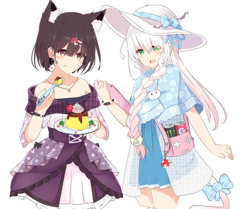 2girls animal_ear_fluff animal_ears bag bangs bare_shoulders black_hair blue_bow blue_capelet blue_dress blue_ribbon blush bow braid brown_eyes can capelet cat_tail closed_mouth collarbone commentary_request dress energy_drink eyebrows_visible_through_hair eyes_visible_through_hair fang floral_print food food_on_face food_themed_hair_ornament frilled_dress frills gradient_hair green_eyes hair_between_eyes hair_ornament hair_over_shoulder hair_ribbon hairclip hand_up hat hat_bow highres holding holding_plate holding_spoon jewelry licking_lips long_hair super_mario_bros. monster_energy multicolored_hair multiple_girls mushroom_hair_ornament necklace nekoyanagi_(azelsynn) off-shoulder_dress off_shoulder open_mouth original pink_hair plaid plaid_bow plate pleated_dress print_capelet pudding purple_dress ribbon short_hair short_sleeves shoulder_bag simple_background smile spoon sun_hat super_mario_bros. super_mushroom tablet_pc tail tail_bow tongue tongue_out unmoving_pattern very_long_hair white_background white_hair white_headwear