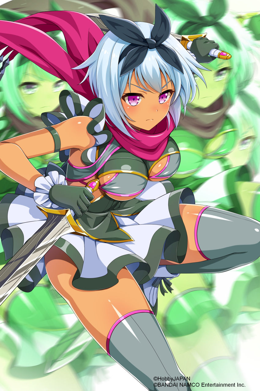 1girl absurdres afterimage artist_request blue_hair blush bow breasts closed_mouth company_connection dagger dark_skin dress dual_wielding grey_legwear hair_bow highres holding holding_weapon irma medium_breasts official_art pink_eyes queen's_blade queen's_blade_unlimited queen's_blade_white_triangle reverse_grip scarf short_dress short_hair short_sword skindentation solo sword thigh-highs weapon