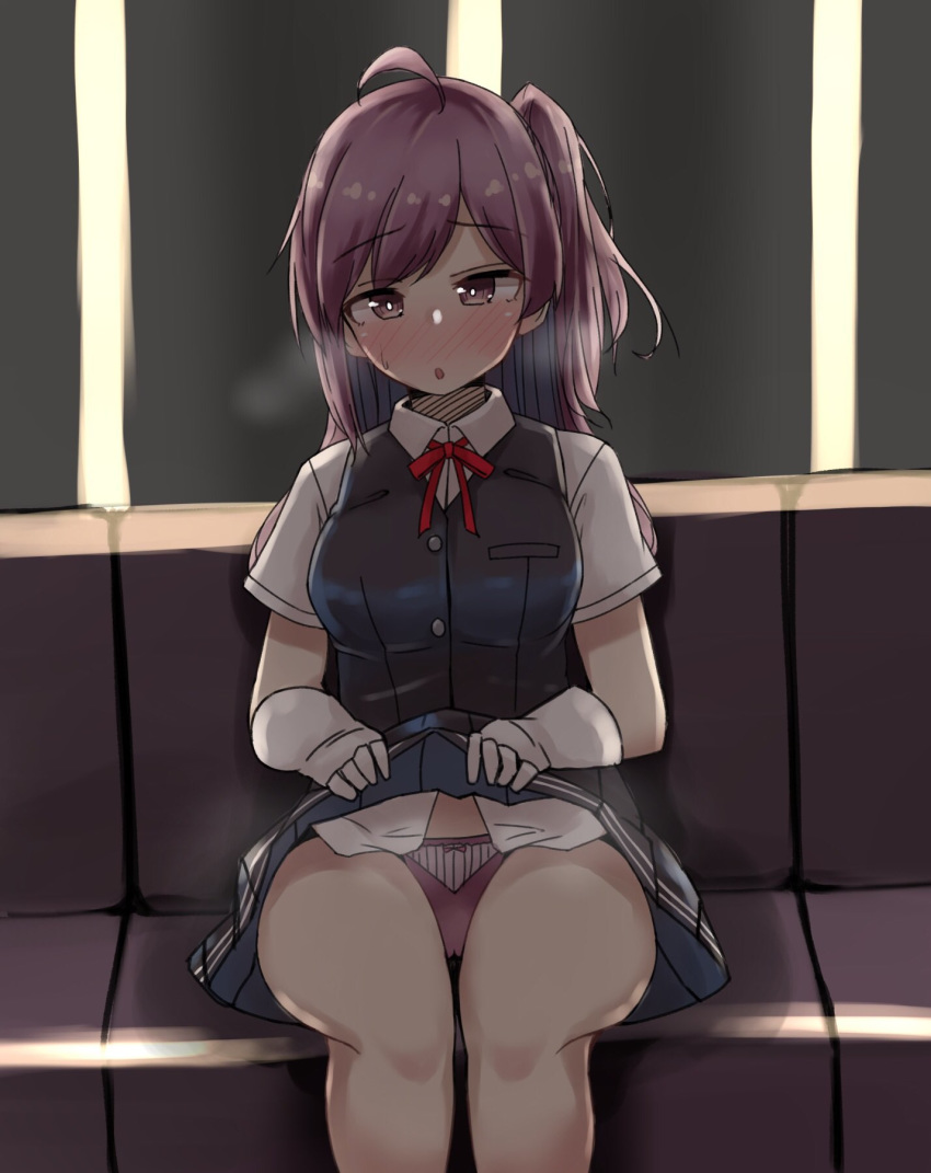 1girl ahoge black_skirt black_vest brown_eyes commentary_request dress_shirt gloves hagikaze_(kantai_collection) highres kantai_collection long_hair neck_ribbon one_side_up panties pleated_skirt purple_hair purple_panties ribbon shirt sitting skirt skirt_lift solo underwear vest wasumi_kei white_gloves white_shirt