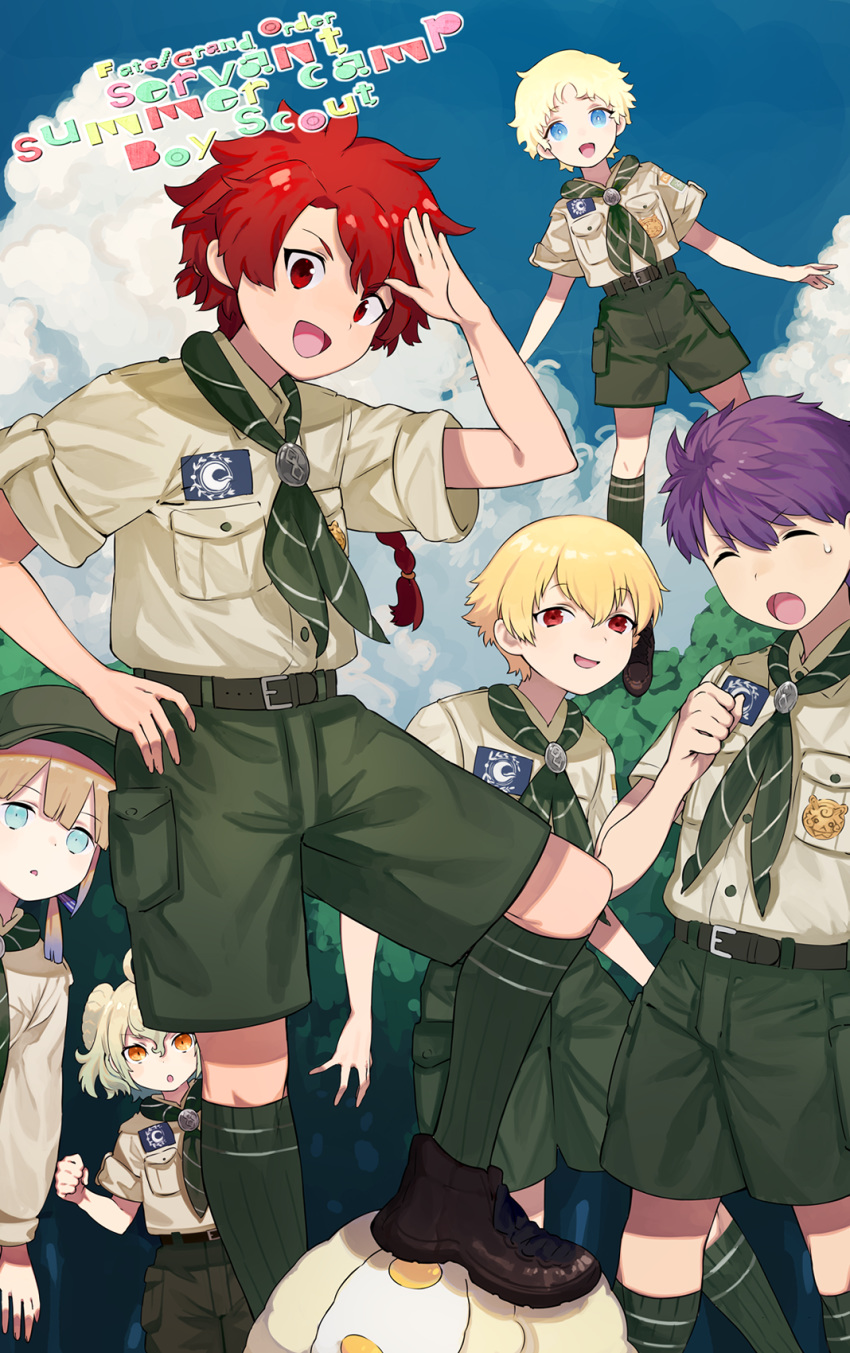 6+boys :d alexander_(fate) apollo_(fate) belt blonde_hair boy_scout braid captain_nemo_(fate/grand_order) chaldea_pathfinder child_gilgamesh clouds fate/grand_order fate/hollow_ataraxia fate/requiem fate_(series) fergus_mac_roich_(young)_(fate/grand_order) flying forest gradient_hair hat highres male_focus matching_outfit multicolored_hair multiple_boys nature open_mouth paris_(fate/grand_order) purple_hair redhead salute shorts smile stepped_on tetsu_(teppei) voyager_(fate/requiem)