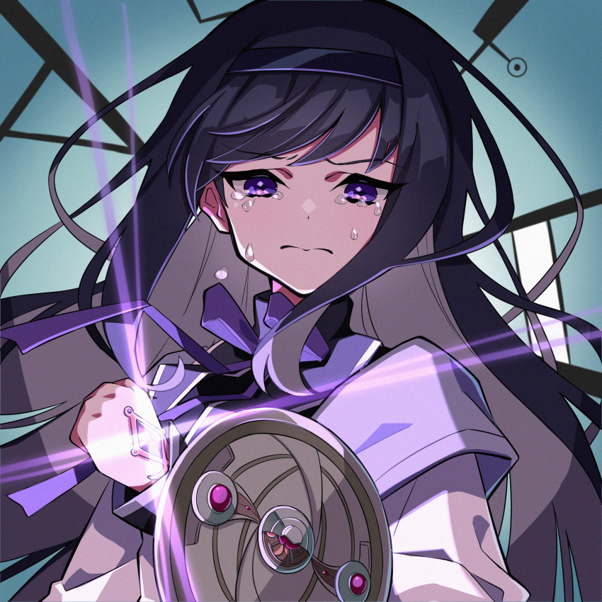 1girl absurdres akemi_homura black_hair crying crying_with_eyes_open hairband highres huge_filesize long_hair magical_girl mahou_shoujo_madoka_magica solo soul_gem tears uhouhogorigori upper_body violet_eyes