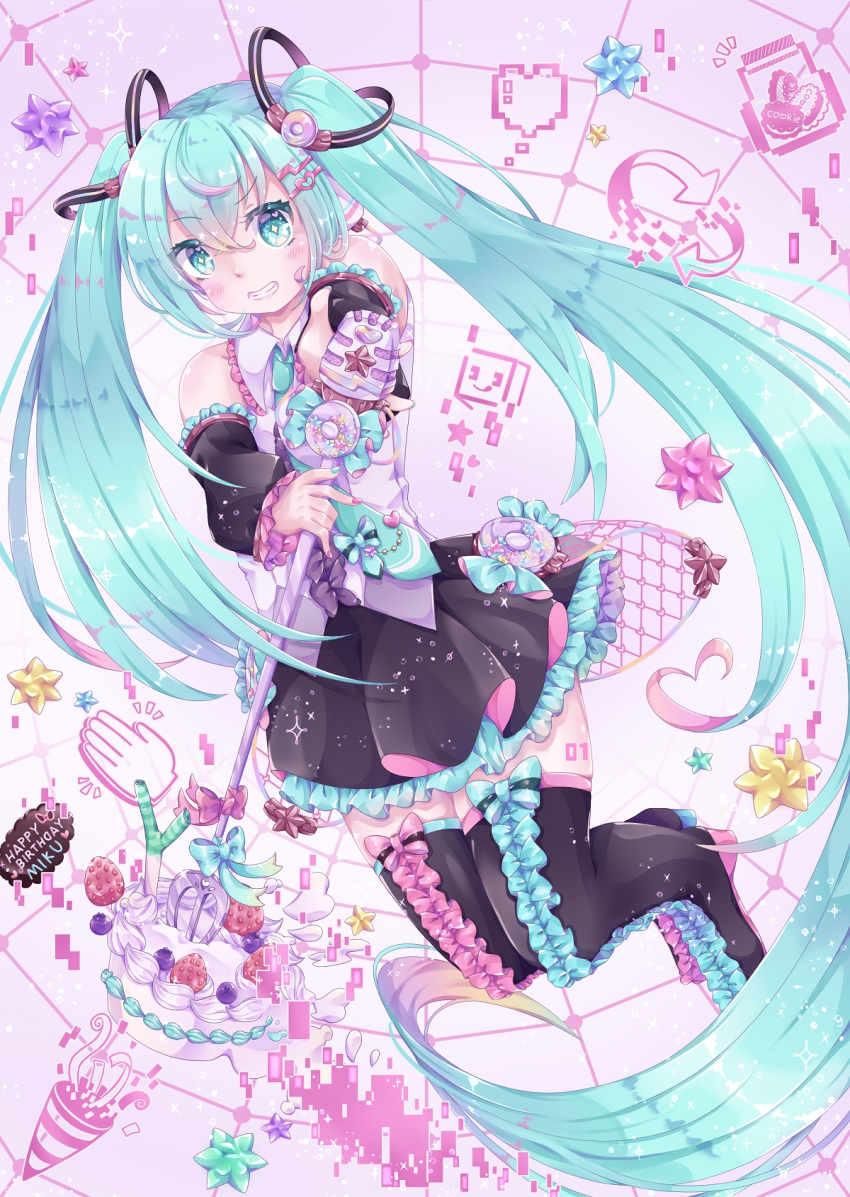 1girl blue_hair boots clenched_teeth floating_hair hamkuti hatsune_miku highres holding holding_microphone_stand long_hair looking_at_viewer microphone_stand skindentation solo teeth thigh-highs thigh_boots twintails vocaloid