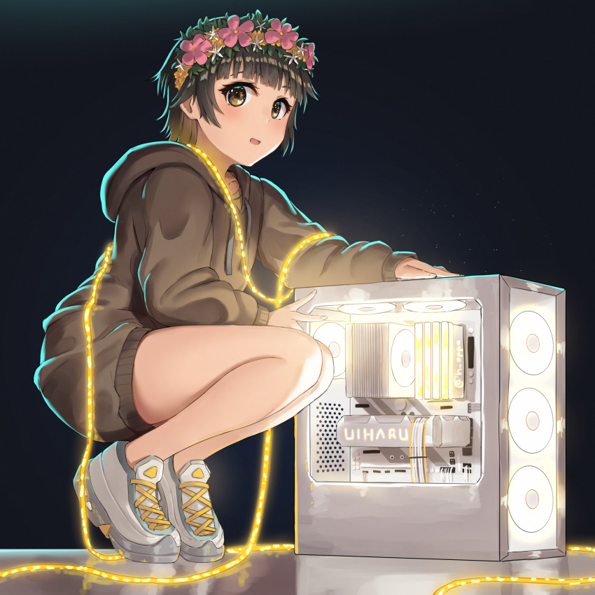 1girl bangs black_background black_hair black_hoodie blunt_bangs brown_eyes computer computer_tower flower h-appa hair_flower hair_ornament head_wreath highres hood hood_down hoodie hoodie_dress light_blush lights looking_at_viewer open_mouth shoes short_hair sneakers solo squatting to_aru_kagaku_no_railgun to_aru_majutsu_no_index uiharu_kazari white_footwear