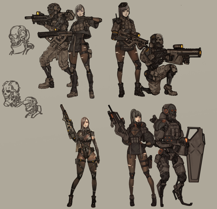 1girl armor black_hair black_legwear boots breasts cyberpunk cyborg highres holding holding_weapon long_hair mecha_musume military original robot shield soldier weapon wei_(kaminari0411)