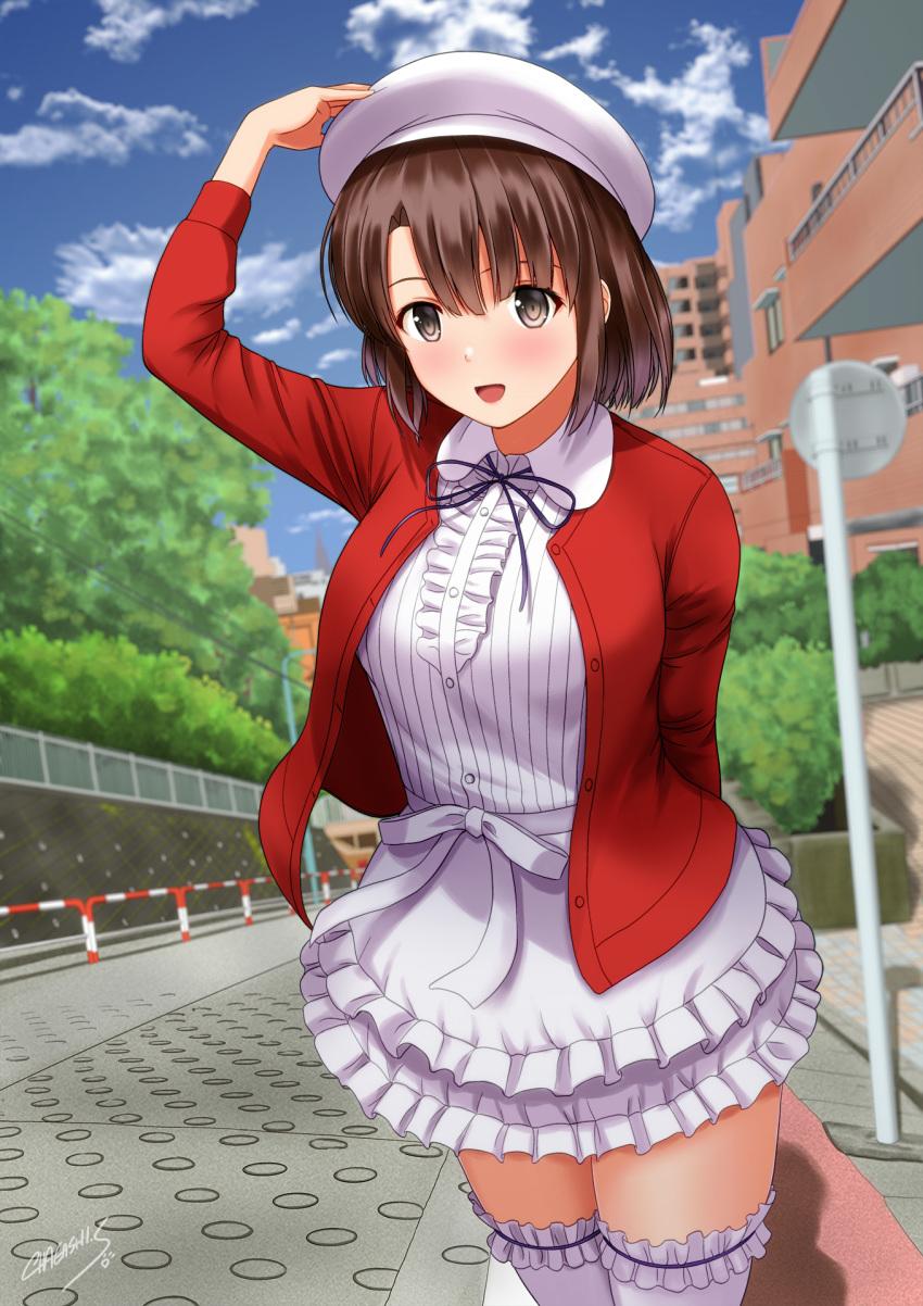 1girl :d arm_behind_back arm_up bangs beret black_neckwear blue_sky blush breasts brown_eyes brown_hair building center_frills clouds collar dress fence frills hand_on_headwear hat highres jacket katou_megumi large_breasts long_sleeves looking_at_viewer medium_hair open_clothes open_jacket open_mouth outdoors railing red_jacket road saenai_heroine_no_sodatekata satou_chagashi signpost sky smile solo street thigh-highs tree white_collar white_dress white_headwear white_legwear