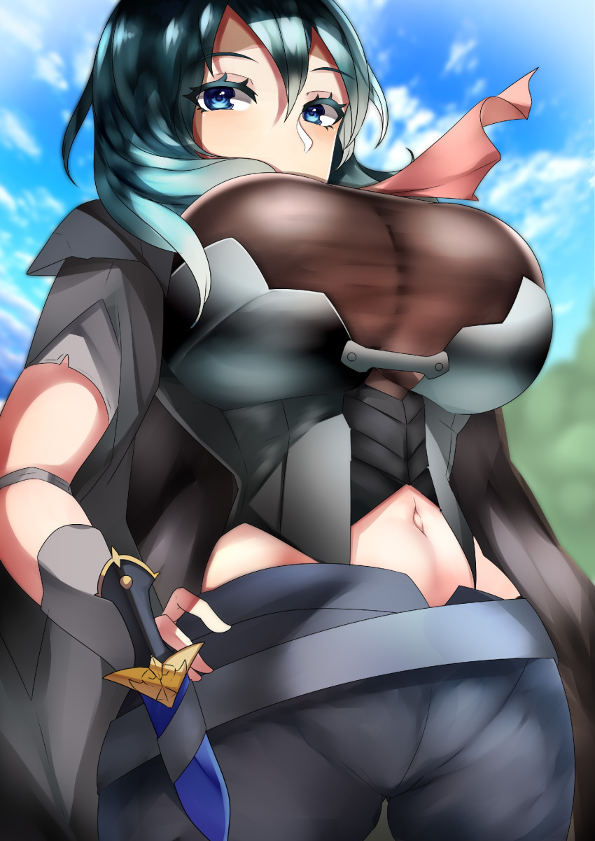 1girl absurdres blue_eyes breasts byleth_(fire_emblem) byleth_eisner_(female) fire_emblem fire_emblem:_three_houses green_hair highres knife large_breasts looking_at_viewer looking_down midriff midriff_cutout midriff_peek navel shirt shorts sky solo tea_texiamato