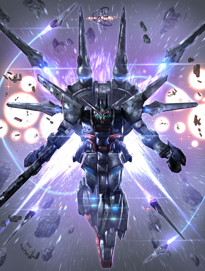 absurdres clenched_hand floating glowing glowing_eyes green_eyes gun gundam gundam_seed gundam_seed_destiny highres holding holding_gun holding_weapon legend_gundam looking_at_viewer looking_up mecha no_humans raruru solo space weapon