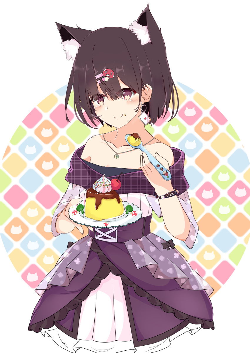 1girl absurdres animal_ear_fluff animal_ears bangs bare_shoulders black_hair blush brown_eyes closed_mouth collarbone dress eyebrows_visible_through_hair food food_on_face food_themed_hair_ornament frilled_dress frills hair_between_eyes hair_ornament hairclip highres holding holding_plate holding_spoon jewelry licking_lips mushroom_hair_ornament necklace nekoyanagi_(azelsynn) off-shoulder_dress off_shoulder original plaid plate pleated_dress pudding purple_dress short_hair short_sleeves smile solo spoon tongue tongue_out unmoving_pattern white_background