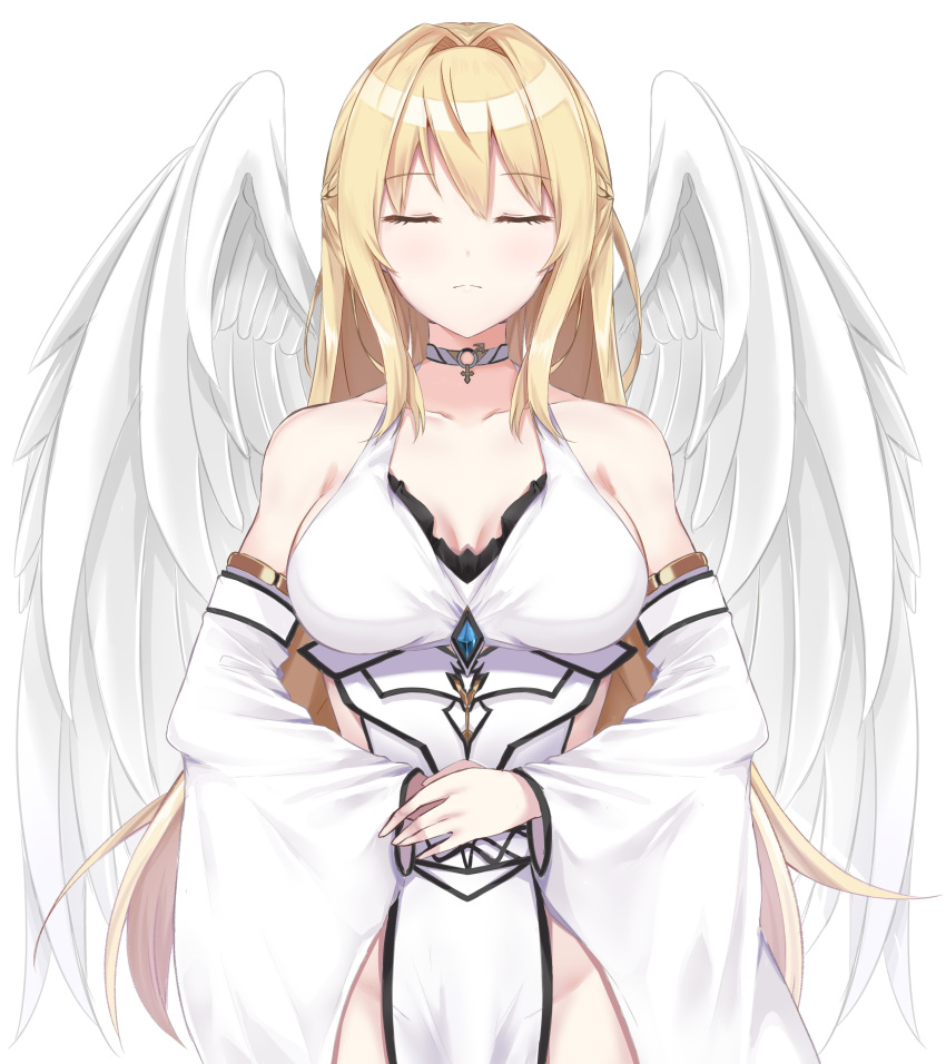 1girl absurdres angel angel_wings bare_shoulders blonde_hair choker closed_eyes closed_mouth collarbone commentary detached_sleeves dinosaurus_(azimangasaurus) dress english_commentary existence eyebrows_visible_through_hair facing_viewer feathered_wings game_cg gem highres male-female_symbol rhea_(existence) sideless_outfit sidelocks simple_background solo standing white_background white_dress white_sleeves white_wings wings