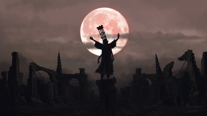 1boy arms_up bloodborne brown_robe brown_sky cage clouds cloudy_sky commentary from_behind full_moon helmet highres micolash_host_of_the_nightmare moon night outstretched_arms pillar robe ruins scenery sky sleeves_past_elbows solo standing tripdancer wide_sleeves