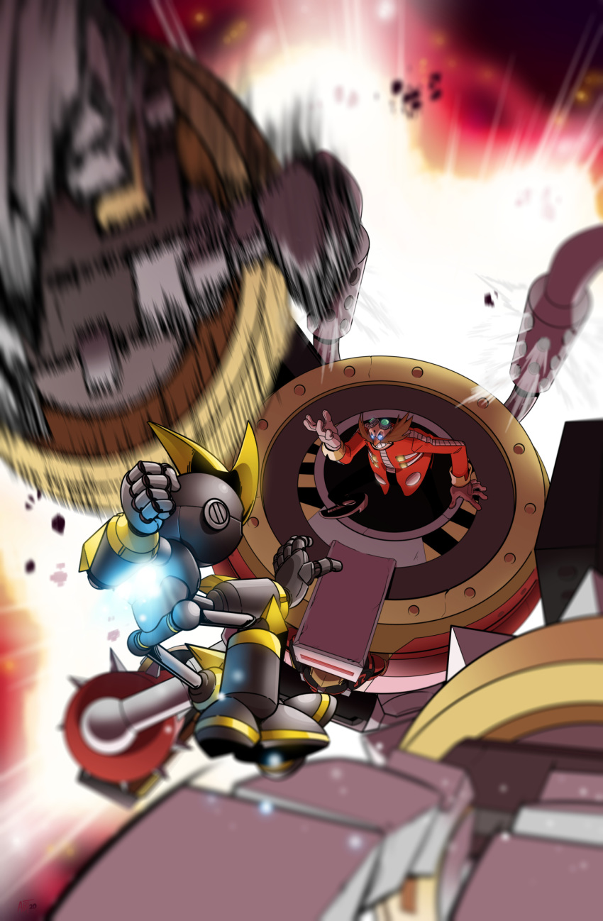 2boys adam_bryce_thomas bald battle blurry clenched_hand cover cover_page dr._eggman emerl_(sonic) facial_hair fighting_stance gemerl gloves goggles goggles_on_head grin highres idw_publishing incoming_attack long_sleeves machine male_focus mecha multiple_boys mustache official_art robot smile sonic_the_hedgehog speed_lines white_gloves