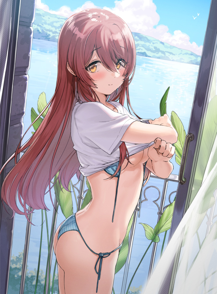 1girl ass balcony bangs bikini blue_sky blush breasts brown_eyes brown_hair clouds commentary_request cowboy_shot curtains day eyebrows_visible_through_hair from_side hair_between_eyes highres idolmaster idolmaster_shiny_colors indoors kanzarin_(hoochikiss) long_hair looking_at_viewer medium_breasts oosaki_tenka plant shirt short_sleeves side-tie_bikini sky smile solo standing string_bikini swimsuit swimsuit_under_clothes under_boob undressing untied untied_bikini very_long_hair