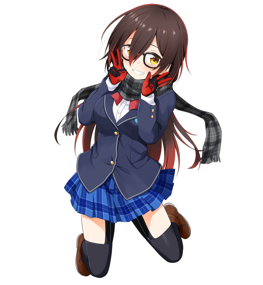 1girl absurdres bangs black_legwear blazer blue_skirt blush brown_hair commentary_request double_v eyebrows_visible_through_hair felutiahime glasses gloves gradient_hair grin hair_between_eyes highres hololive jacket kneeling loafers long_hair looking_at_viewer multicolored_hair plaid plaid_skirt pleated_skirt red_gloves redhead roboco-san scarf shirt shoes sidelocks simple_background skirt smile solo thigh-highs v virtual_youtuber white_background white_shirt yellow_eyes