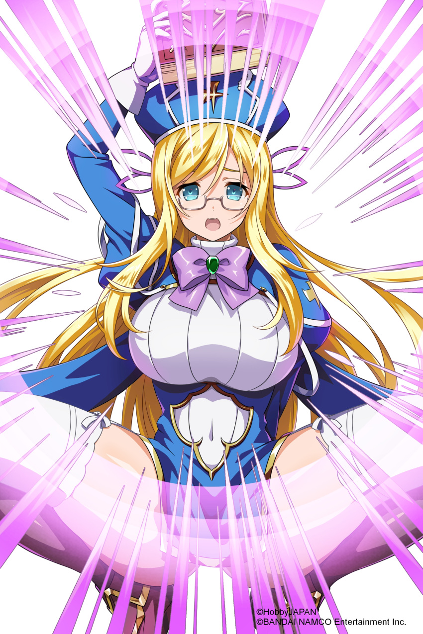 1girl absurdres artist_request bangs blonde_hair blue_dress blue_eyes blush boots bow breasts company_connection covered_navel dress garter_straps glasses gloves hat highres knee_boots large_breasts long_hair long_sleeves looking_at_viewer melpha official_art open_mouth panties puffy_sleeves queen's_blade queen's_blade_unlimited queen's_blade_white_triangle shiny shiny_hair shiny_skin solo thigh-highs underwear white_background white_gloves white_legwear
