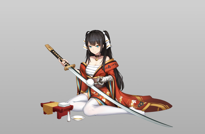 1girl alcohol black_hair breasts closed_mouth collar green_eyes hair_ornament highres japanese_clothes katana kimono koshirae long_hair mechanical_arm ootachi original sake solo sword syaoranen uchiko weapon white_legwear