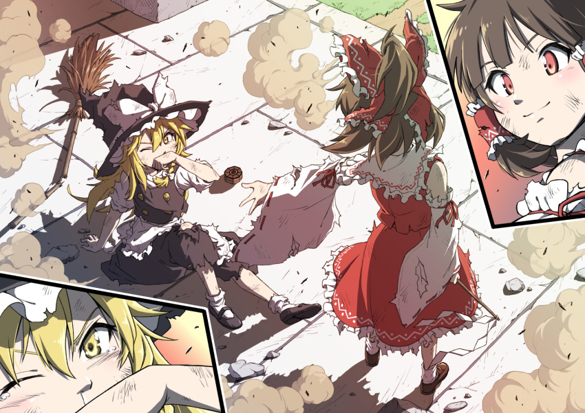 2girls after_battle apron arm_support bangs blonde_hair bow braid broom brown_hair buttons collared_shirt detached_sleeves dress frilled_shirt_collar frilled_skirt frills full_body gohei hair_bow hair_tubes hakurei_reimu hat hat_bow injury inuno_rakugaki kirisame_marisa long_hair mary_janes medium_hair mini-hakkero multiple_girls on_ground outstretched_arm red_eyes red_shirt red_skirt ribbon-trimmed_sleeves ribbon_trim shirt shoes short_sleeves single_braid sitting skirt skirt_set sleeveless sleeveless_shirt smile smoke tearing_up torn_clothes touhou waist_apron white_bow white_legwear witch_hat yellow_eyes