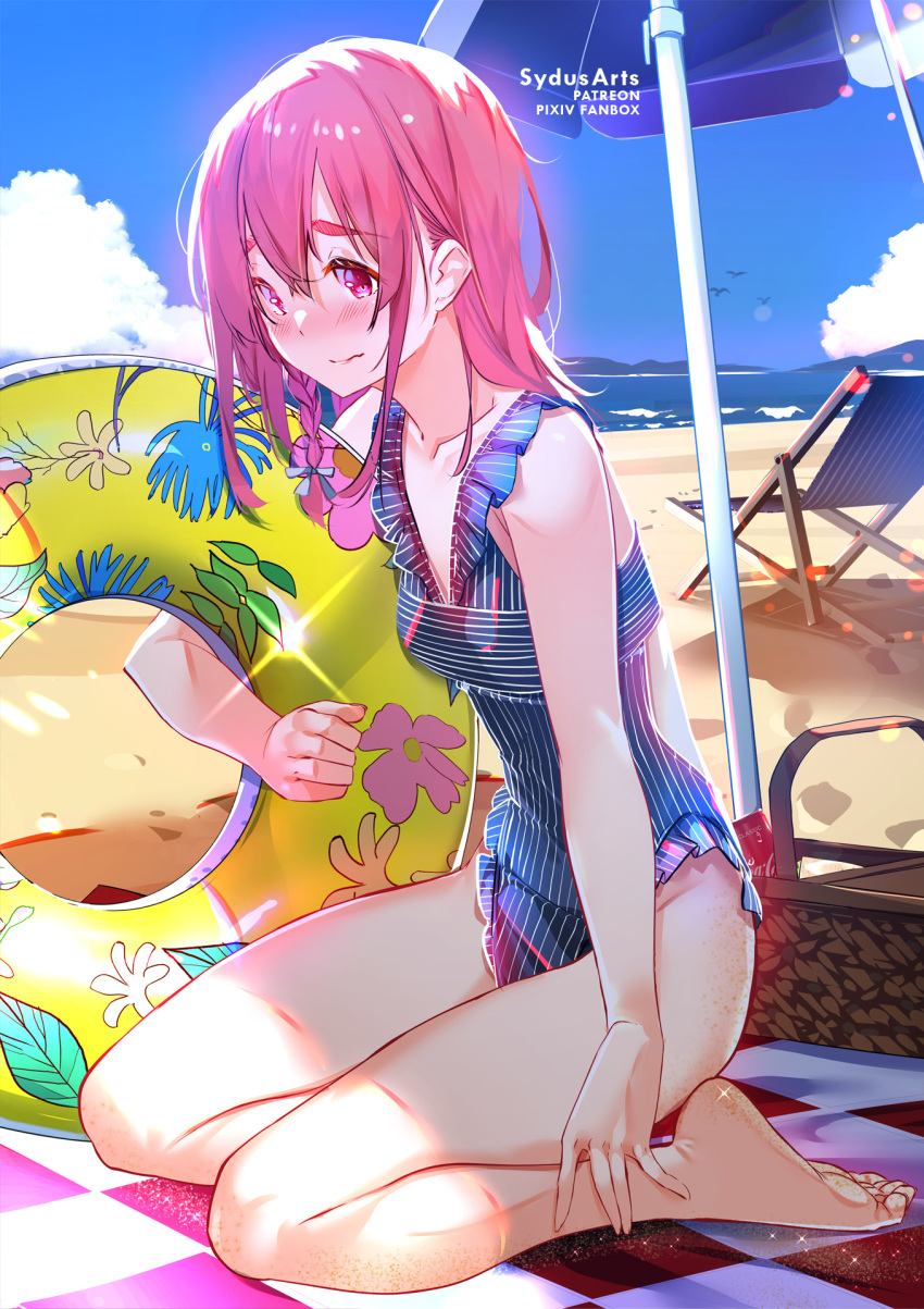 barefoot beach beach_umbrella bow braid day feet highres kanojo_okarishimasu legs long_hair ocean one-piece_swimsuit outdoors pink_eyes pink_hair red_skirt sakurasawa_sumi sand side_braid single_braid skirt starfish steepled_fingers swimsuit sydus thick_eyebrows umbrella water white_bow