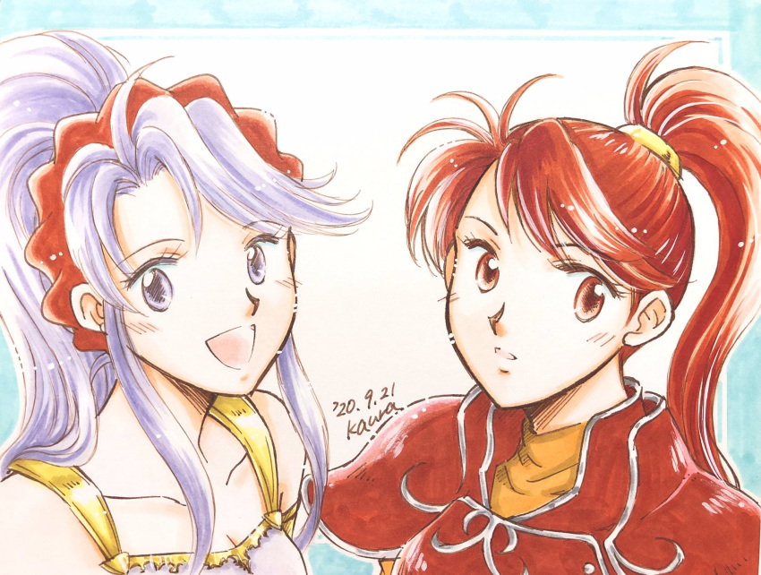 2girls :o dated fire_emblem fire_emblem:_genealogy_of_the_holy_war fire_emblem:_path_of_radiance highres ishtar_(fire_emblem) jill_(fire_emblem) kaura looking_at_viewer looking_to_the_side looking_up multiple_girls open_mouth ponytail purple_hair red_eyes redhead smile tied_hair trait_connection violet_eyes