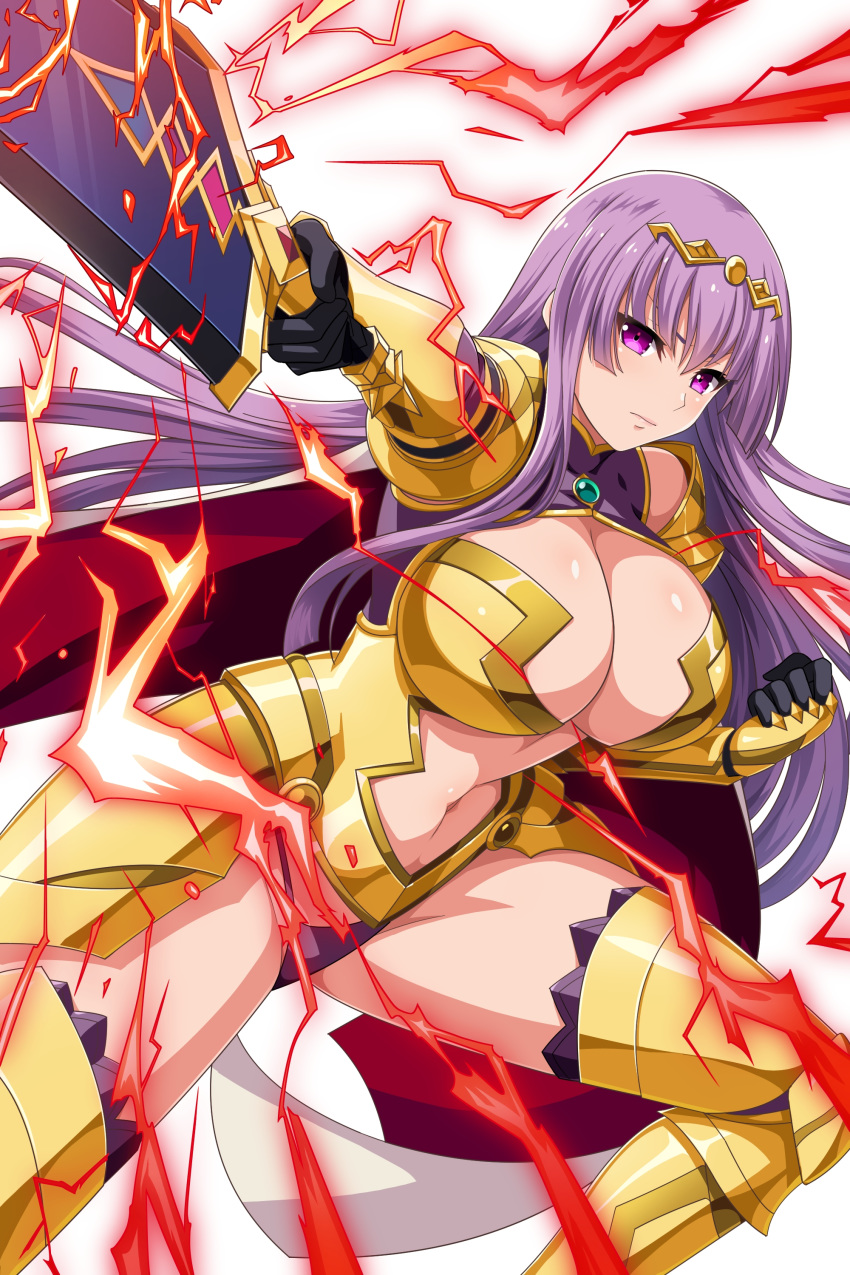 1girl absurdres armor artist_request bangs bikini_armor black_gloves breasts cape circlet claudette_(queen's_blade) closed_mouth company_connection eyebrows_visible_through_hair gauntlets gloves greaves hair_ornament highres holding holding_sword holding_weapon large_breasts long_hair looking_at_viewer official_art purple_hair queen's_blade queen's_blade_unlimited queen's_blade_white_triangle solo sword thigh-highs violet_eyes weapon