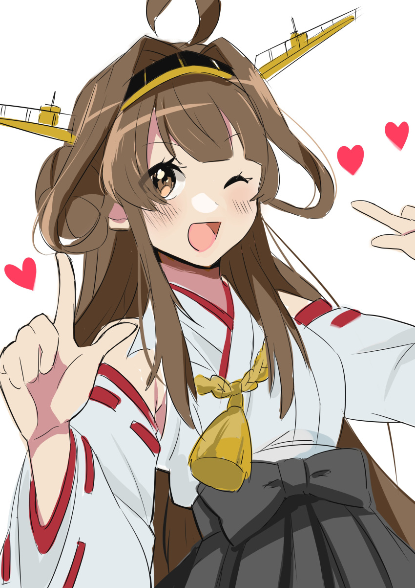 1girl absurdres ahoge brown_eyes brown_hair commentary_request detached_sleeves double_bun hairband headgear highres index_finger_raised japanese_clothes kantai_collection kongou_(kantai_collection) long_hair one_eye_closed ribbon-trimmed_sleeves ribbon_trim smile solo toriniku_senshi_chikinman