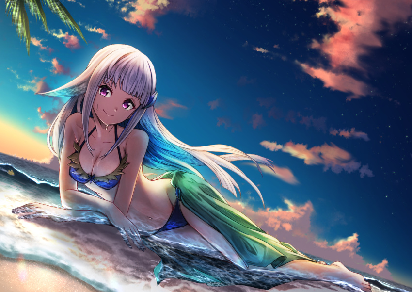 1girl anemone_noa bikini bird blue_hair breasts hair_ornament large_breasts lize_helesta long_hair looking_at_viewer multicolored_hair nijisanji ocean smile solo sunset swimsuit two-tone_hair violet_eyes virtual_youtuber