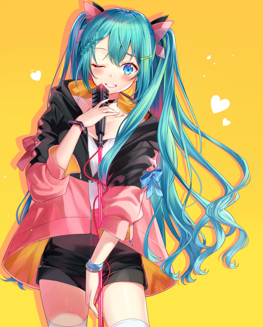 1girl ;d aqua_hair black_shorts blue_eyes blue_hair blue_ribbon blush bracelet braid braided_bangs cable green_hair hair_ornament hairclip hatsune_miku heart highlights highres holding holding_microphone_stand hood hood_down hoodie ion_(on01e) jewelry long_hair long_sleeves looking_at_viewer microphone_stand multicolored_hair one_eye_closed open_mouth pink_hair pink_ribbon ribbon see-through shorts simple_background single_braid smile solo spaghetti_strap streaked_hair symbol_commentary thigh-highs twintails two-sided_fabric very_long_hair vocaloid white_legwear yellow_background zipper_pull_tab