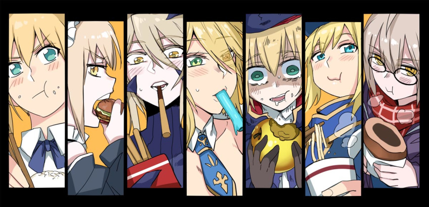 6+girls ahoge apple artoria_pendragon_(all) artoria_pendragon_(caster) artoria_pendragon_(lancer) artoria_pendragon_(lancer_alter) artoria_pendragon_(swimsuit_rider_alter) artoria_pendragon_(swimsuit_ruler)_(fate) baseball_cap bikini black-framed_eyewear black_bikini black_coat black_swimsuit blonde_hair blouse blue_neckwear blue_scarf blue_serafuku blush bowl braid chopsticks coat cup_noodle dark_persona detached_collar dos_(james30226) duffel_coat eye_contact face-to-face fate/grand_order fate/stay_night fate_(series) feather_boa food food_in_mouth food_on_face french_braid fruit glasses golden_apple green_eyes hair_through_headwear hamburger hat incoming_pocky_kiss instant_ramen jacket jacket_on_shoulders leotard long_hair looking_at_another maid_bikini maid_headdress mouth_hold multiple_girls mysterious_heroine_x mysterious_heroine_x_(alter) noodles plaid plaid_scarf pocky pocky_kiss popsicle ramen ramen red_scarf rice rice_bowl rice_on_face saber scarf skirt swimsuit white_leotard yellow_eyes