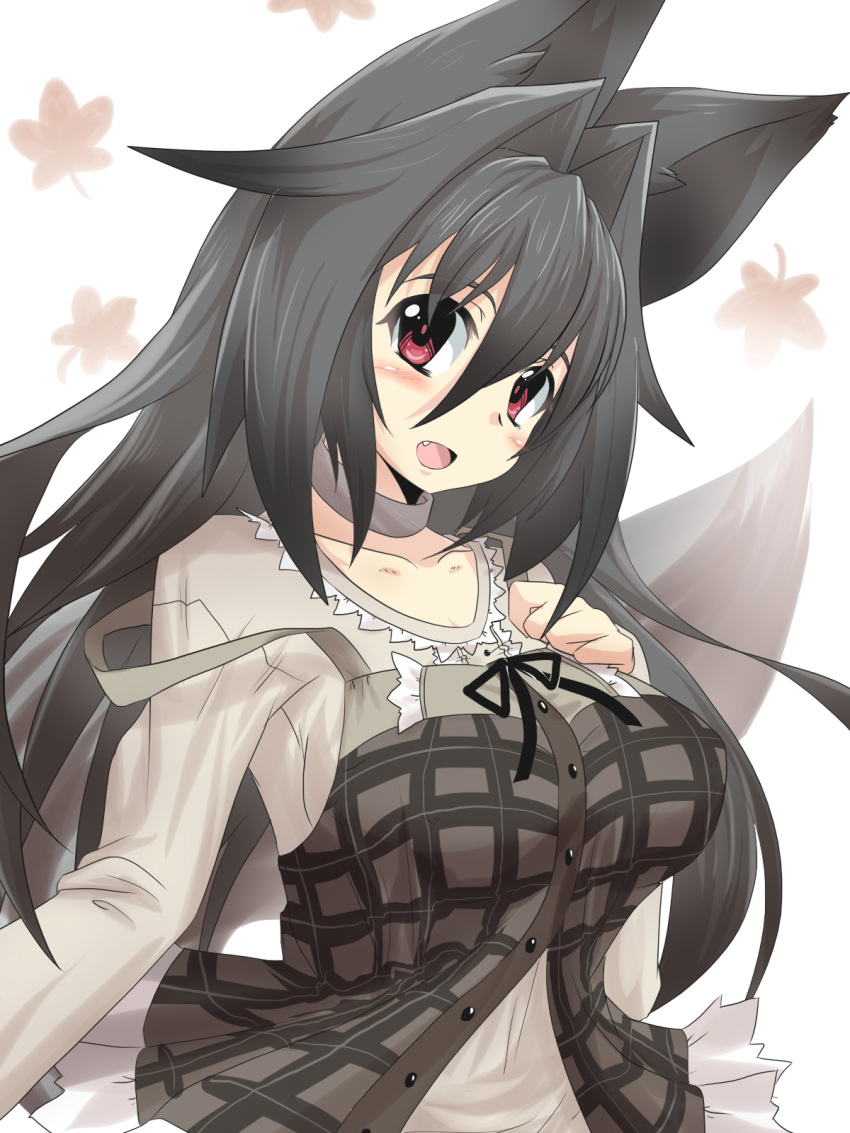 1girl animal_ears black_hair blouse breasts brown_eyes commentary_request fang goma_(gomasamune) hair_between_eyes hair_intakes hand_on_own_chest highres large_breasts leaf long_hair long_sleeves looking_at_viewer maple_leaf open_mouth original smile solo tail translation_request upper_body white_background