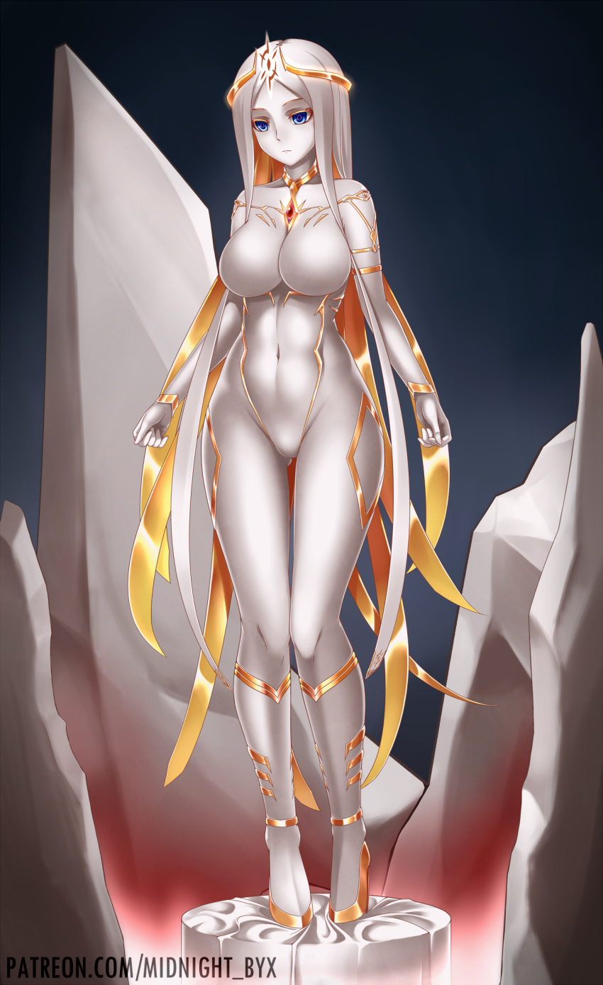 1girl ass_visible_through_thighs blonde_hair blue_eyes bracelet breasts circlet high_heels highres jewelry large_breasts long_hair midnight_(banyex) monster_girl multicolored_hair navel no_nipples no_pussy original petrification solo standing two-tone_hair very_long_hair watermark web_address white_hair white_skin