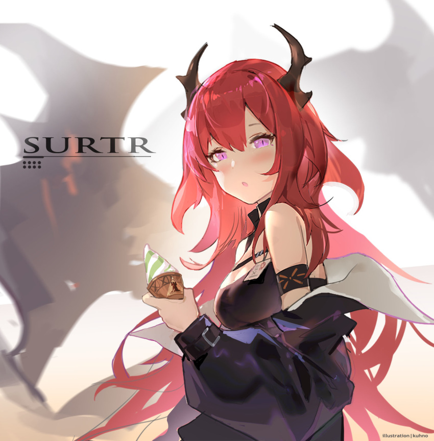 1girl :o arknights armband bangs bare_shoulders black_jacket blush breasts character_name chinese_commentary commentary_request food hair_between_eyes highres holding holding_food horns ice_cream jacket kuhnowushi long_hair long_sleeves looking_at_viewer medium_breasts off_shoulder parted_lips partial_commentary redhead solo surtr_(arknights) upper_body violet_eyes