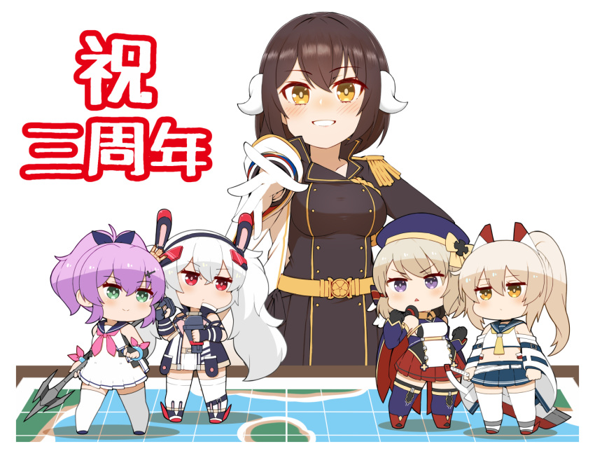 5girls adapted_turret aiguillette animal_ears ayanami_(azur_lane) azur_lane bangle bangs bare_shoulders belt beret black_gloves black_hairband black_ribbon black_vest blue_cape blue_headwear blue_legwear blue_sailor_collar blue_skirt blue_sleeves blunt_bangs blush bow bracelet breasts bridal_gauntlets brown_hair cap105 cape chibi clenched_hand clenched_hands collarbone commentary_request cowboy_shot crop_top cross_hair_ornament crown curled_horns detached_sleeves dress epaulettes eyebrows_visible_through_hair fake_animal_ears full_body gloves green_eyes grin hair_between_eyes hair_bow hair_ornament hair_ribbon hairband hat headgear headphones headphones_around_neck high_ponytail highres holding holding_javelin holding_sword holding_weapon horns iron_cross javelin javelin_(azur_lane) jewelry laffey_(azur_lane) large_breasts leg_garter light_brown_hair long_hair long_sleeves looking_at_another looking_at_viewer map medium_breasts midriff mikasa_(azur_lane) military military_uniform mini_crown multiple_girls navel neckerchief orange_eyes outstretched_arm pink_neckwear platinum_blonde_hair pleated_skirt ponytail purple_hair rabbit_ears red_cape red_eyes red_footwear red_skirt retrofit_(azur_lane) ribbon rudder_footwear sailor_collar sailor_dress sakuramon shadow shirt short_hair sidelocks simple_background skirt sleeveless sleeveless_dress smile standing striped striped_bow sword taut_clothes thigh-highs tilted_headwear translation_request triangle_mouth twintails two-tone_cape underbust uniform very_long_hair vest weapon white_background white_belt white_cape white_dress white_gloves white_hair white_legwear white_skirt white_sleeves wide_sleeves wrist_ribbon yellow_belt yellow_eyes yellow_neckwear z23_(azur_lane) zettai_ryouiki