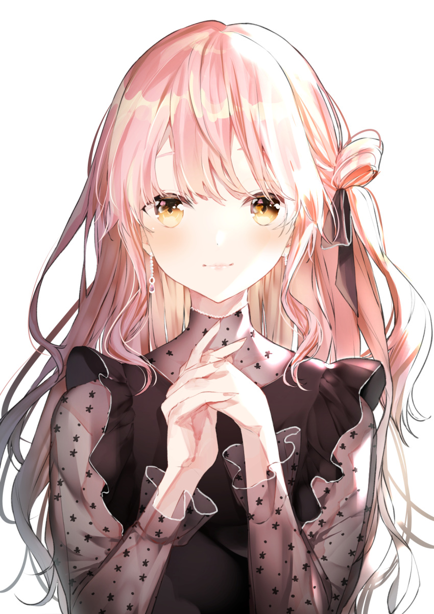 1girl bangs black_ribbon black_shirt blush brown_eyes closed_mouth commentary_request hair_bun hair_ribbon highres long_hair long_sleeves looking_at_viewer original own_hands_together pink_hair ribbon sakippo_(sakippo0) see-through see-through_sleeves shirt side_bun smile solo star_(symbol) star_print upper_body