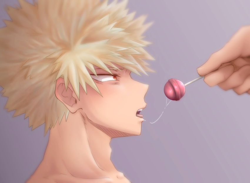 1boy 1other bakugou_katsuki bangs blonde_hair boku_no_hero_academia candy collarbone commentary_request face food from_side gradient gradient_background grey_background hane_tomo_yazama highres holding lollipop male_focus open_mouth profile red_eyes saliva saliva_trail short_hair solo_focus spiky_hair teeth tongue tongue_out